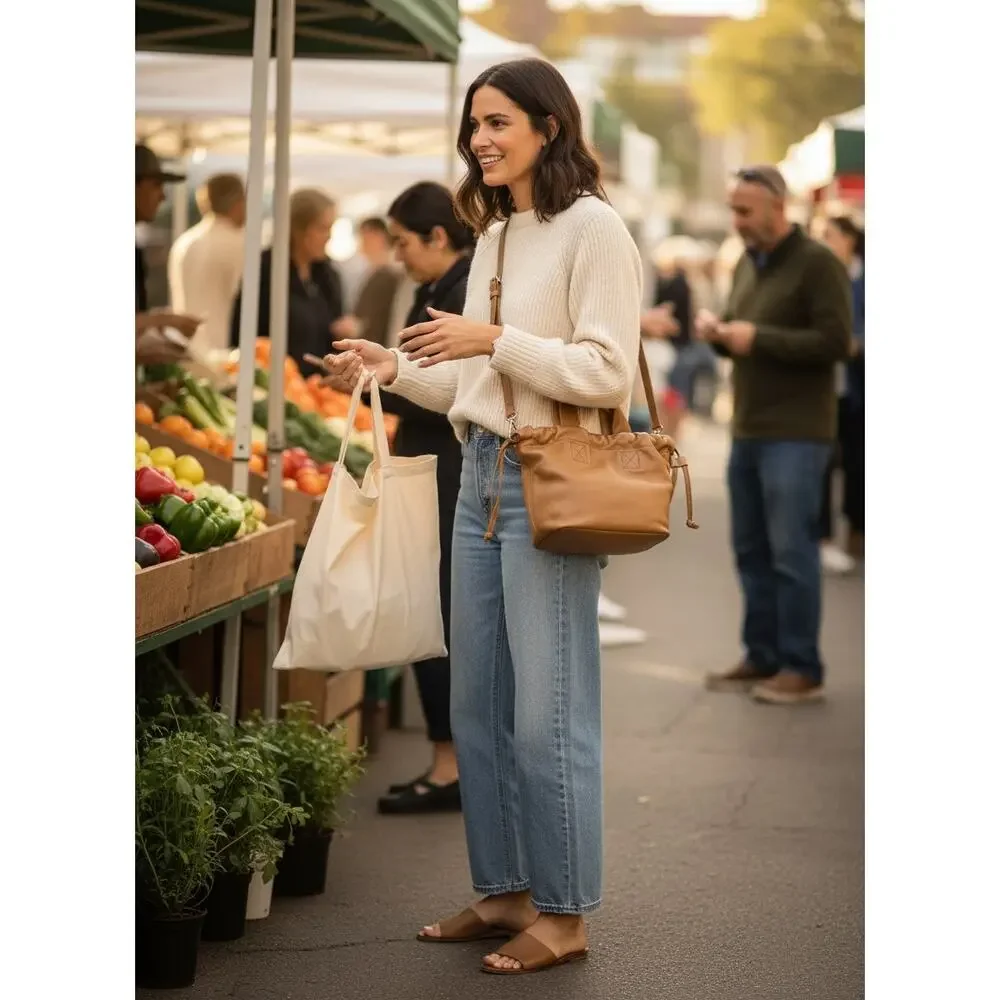 Madewell Piazza Crossbody Purse Brown Leather Timber Beam Bucket Bag NH025
